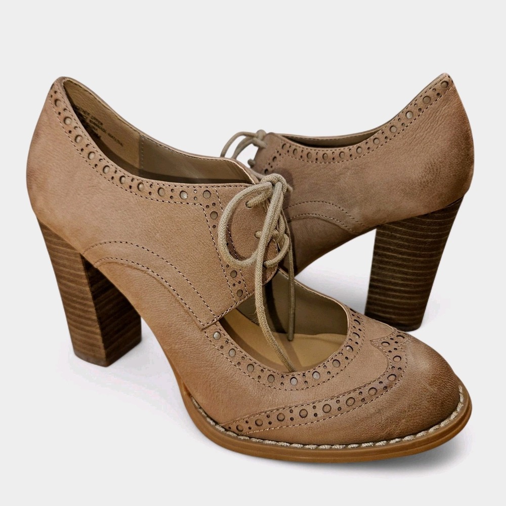 Wingtip Oxford Heels Size 7.5 Tan Dress Shoes Suede Lace Up Chunky Block Retro - Picture 11 of 11